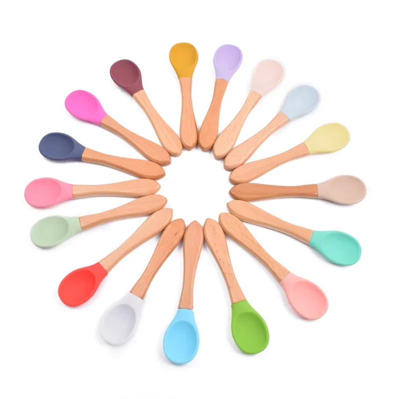 Infants and Young Children Fork Wooden Handle Silicone Fork Baby Learn To Eat Utensils Multi-color Optional Feeding Spoon