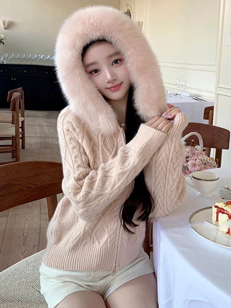 2026 New Women Spring Autumn Real Fox Fur Collar Hooded Cardigan Knitted Sweater Female Jacket Outerwear Cardigan Coat - view 2