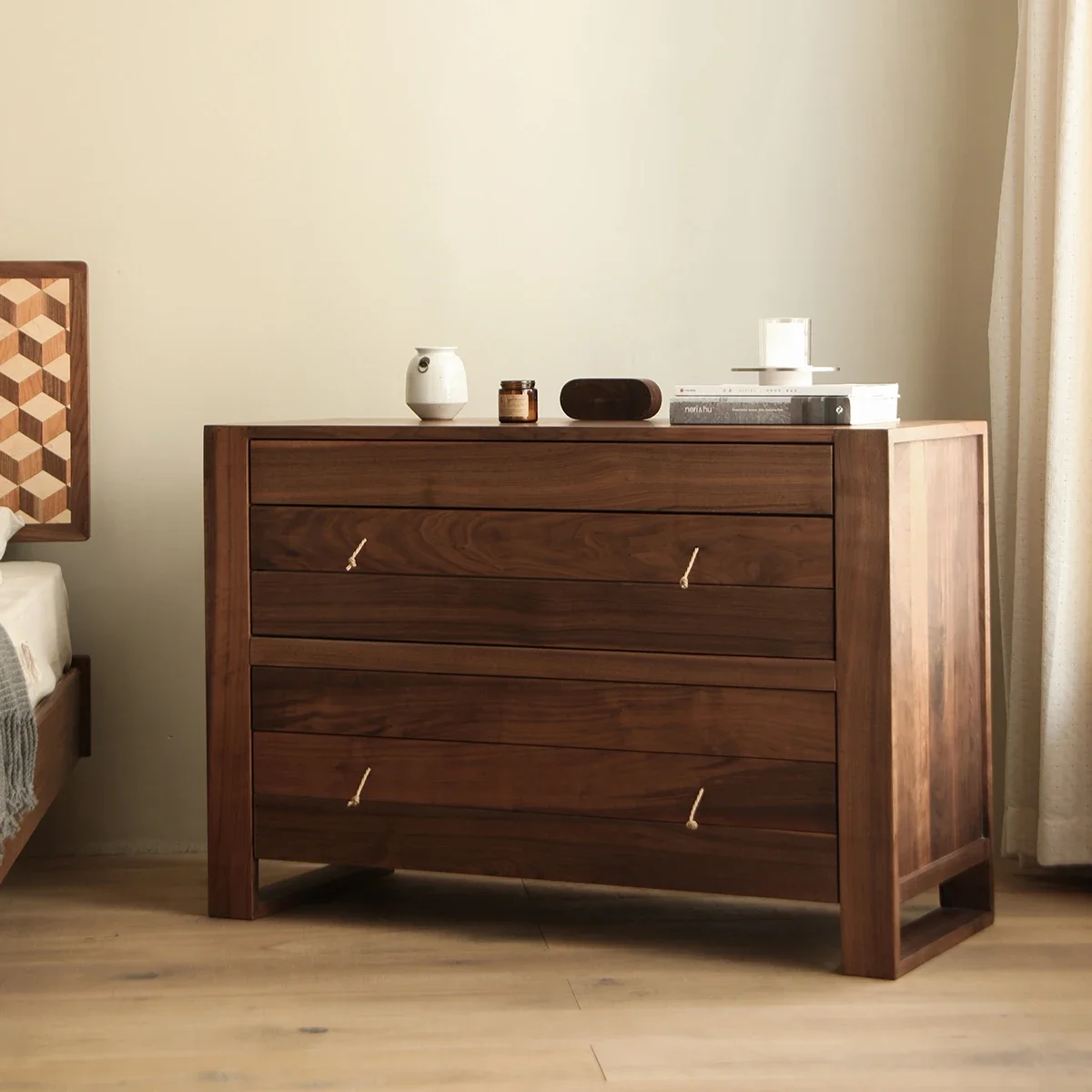 A  Retro new Chinese black walnut four-bucket cabinet sandy wind pure solid wood entrance multi-functional  storage cabinet