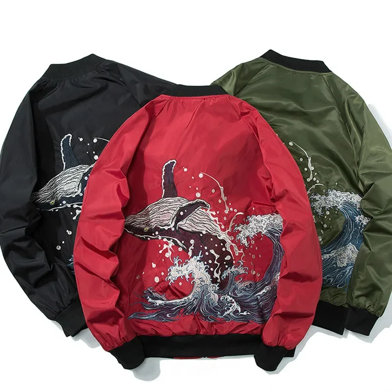 Autumn Men Women Embroidery Baseball Jacket Whale Waves Fashion Hip Hop Couple Jacket Boys Hipster Streewear Windbreaker