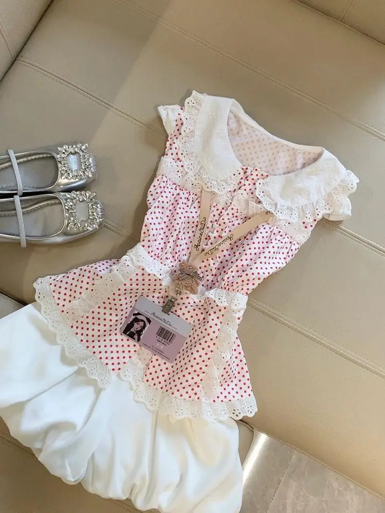 Japanese Pink Sweet New Two Piece Set Women Polka Dot Shirt + White Bubble Skirt Suit Kawaii Design Princess Style Outfits 2025