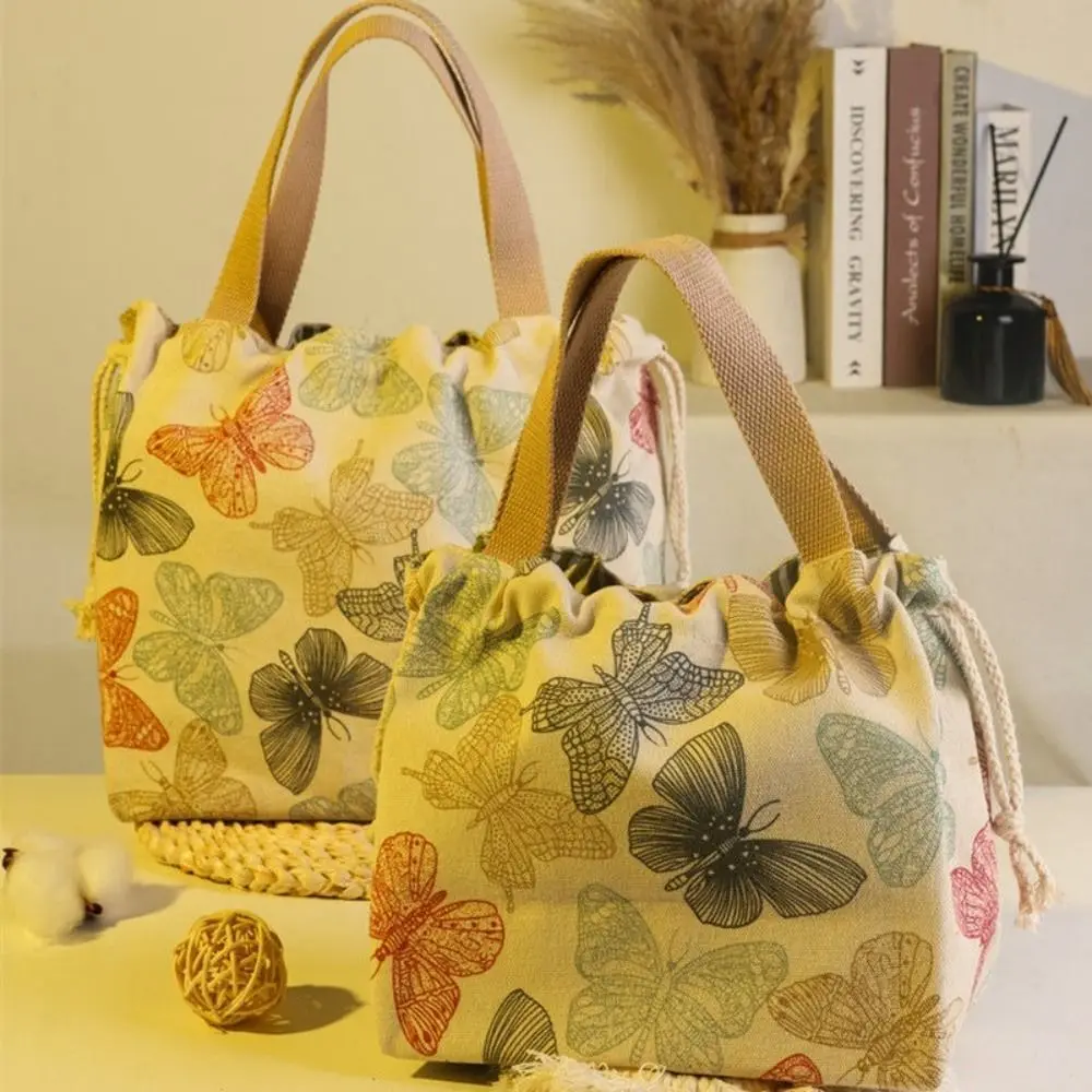 

Butterfly Printed Drawstring Canvas Handbag Large Capacity INS Japanese Style Lunch Bag Clutter Storage Square Women's Tote Bag