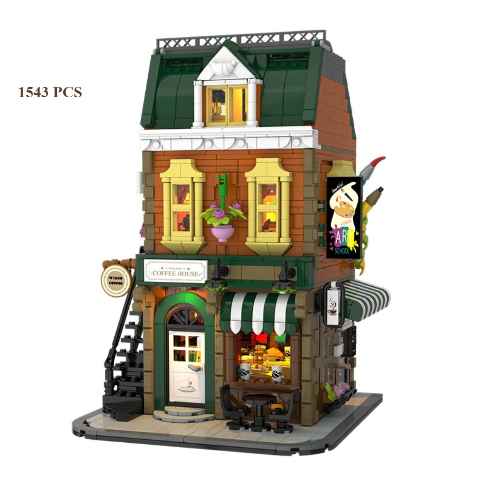 MOC コーナーカフェショップビルディングブロックセット現代のプライベートコーヒーハウスストア建築おもちゃ子供のための誕生日ホリデーギフト