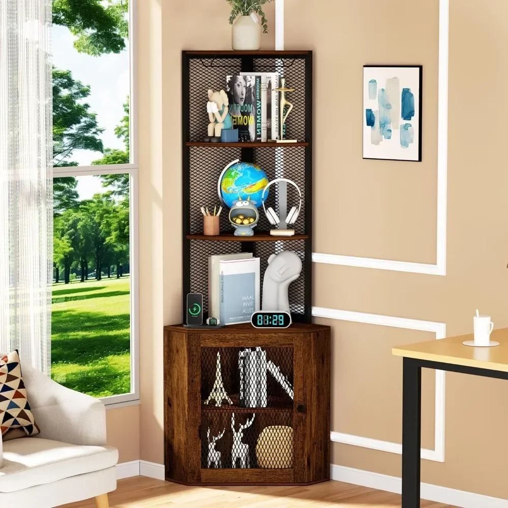 

Adjustable Wine Rack & Iron Mesh Doors - Corner Shelf Freestanding Organizer for Kitchen Living Room Office Balcony
