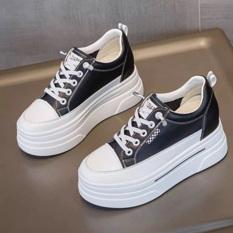 Autumn Women's Thick Sole Sneakers​  Petite Friendly Genuine Leather Exterior​  Breathable Mesh Lining Arch Support