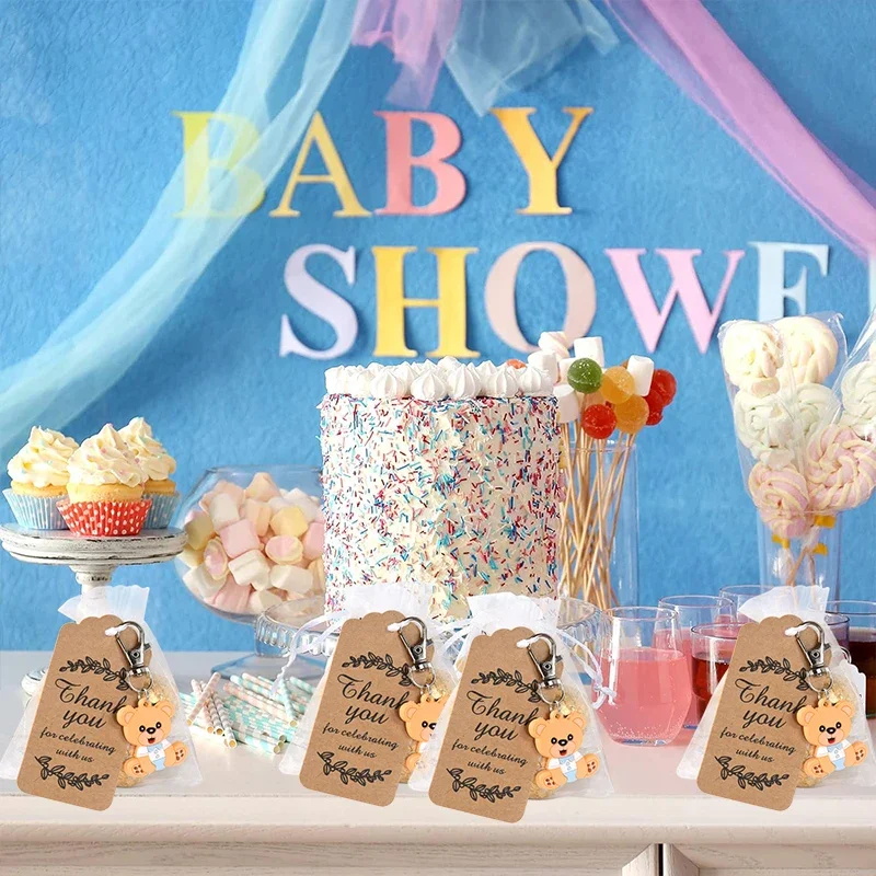 10-30sets baby shower souvenir organza gift bag with thank you tag bear keychains girl boy gender reveal birthday party favors