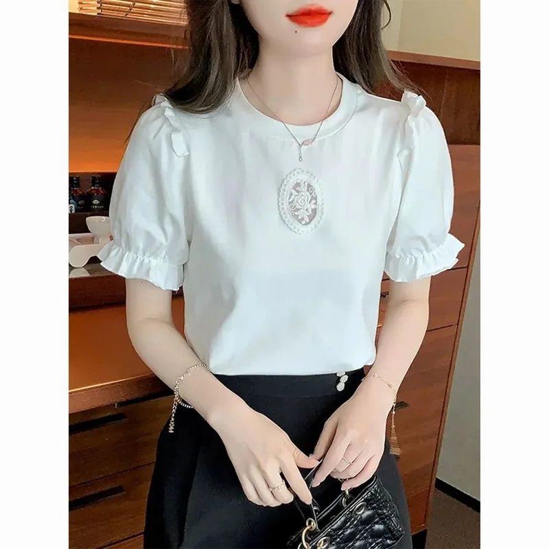 2023 New Summer Fashion Simple Round Neck Lace Embroidery Wood Ear Edge Bubble Sleeves Sweet Small Fresh Versatile T-shirt