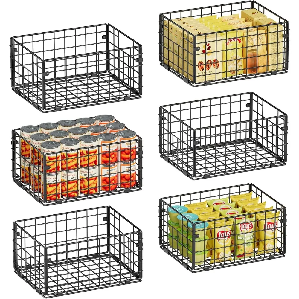 

Foldable Metal Wire Basket Pantry Organizers with Handles, 6-Pack 12x9x6 Inches for Kitchen Storage