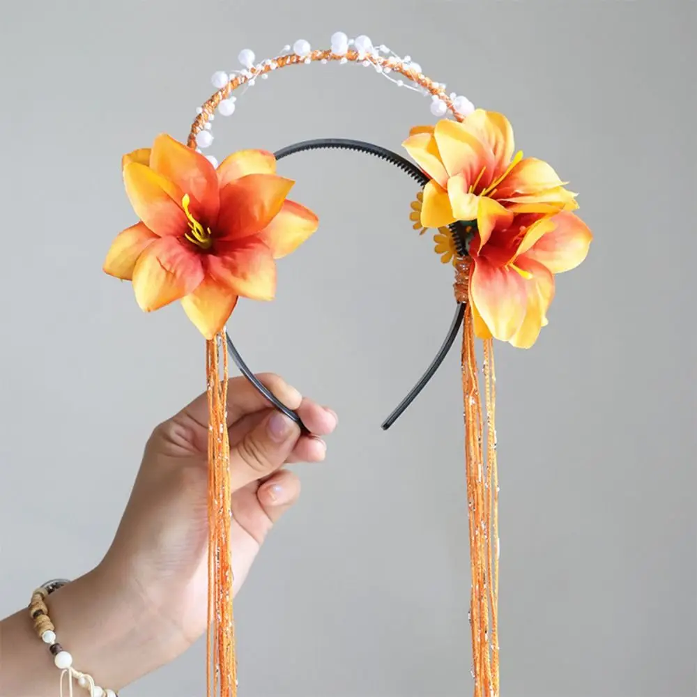 Kawaii Feather Flower Headband Seven Fairy Bead Tassel Hair Hoop Ancient Elf Hanfu Hair Accessories Cosplay