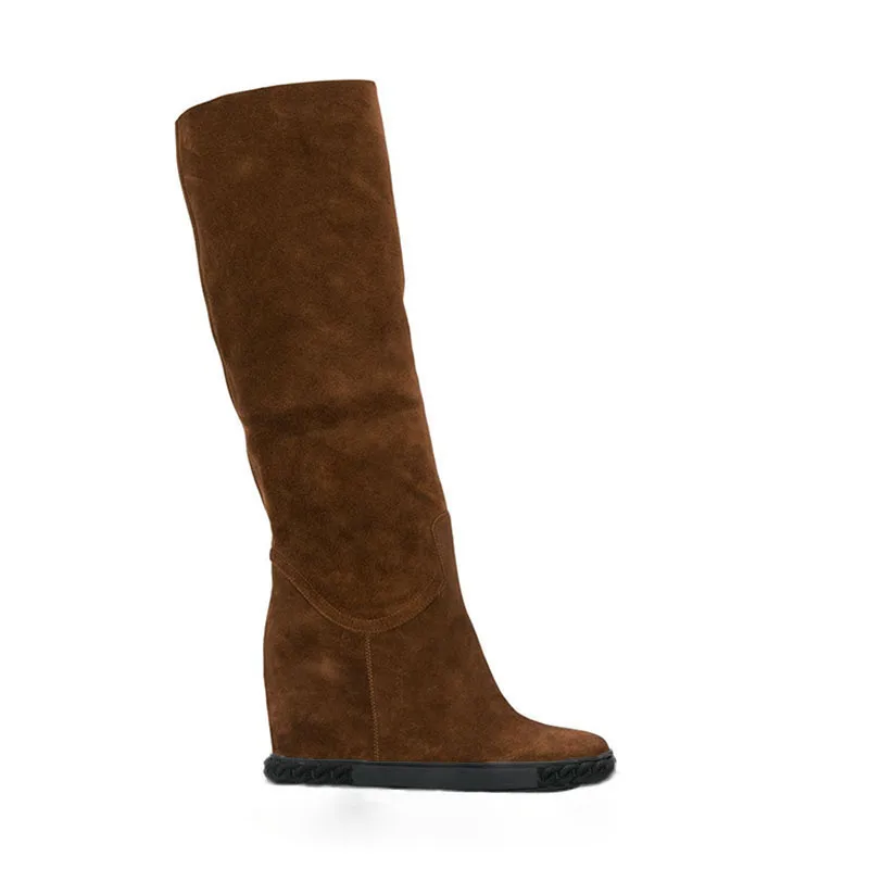 

Fashion Woman Inner Wedge Suede Boots Black Apricot Grey Brown Suede Woman 8cm Increased Hidden Platforms Two Wear Mid Botas
