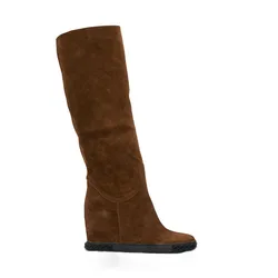 Fashion Woman Inner Wedge Suede Boots Black Apricot Grey Brown Suede Woman 10cm Increased Hidden Platforms Two Wear Mid Botas