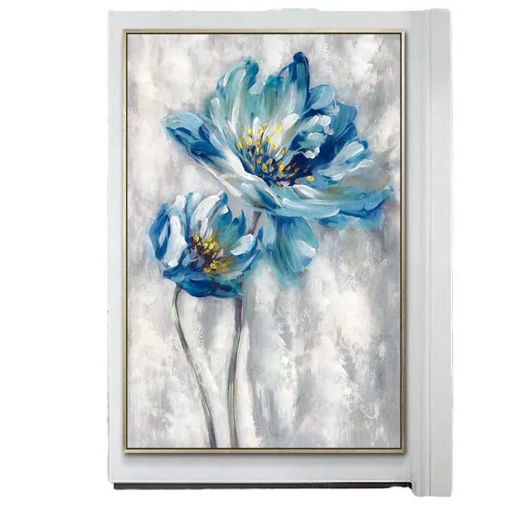 Pinturas a Óleo Abstratas de Flores Azuis Feitas à Mão para Decoração Moderna de Casa, Arte de Parede em Tela
