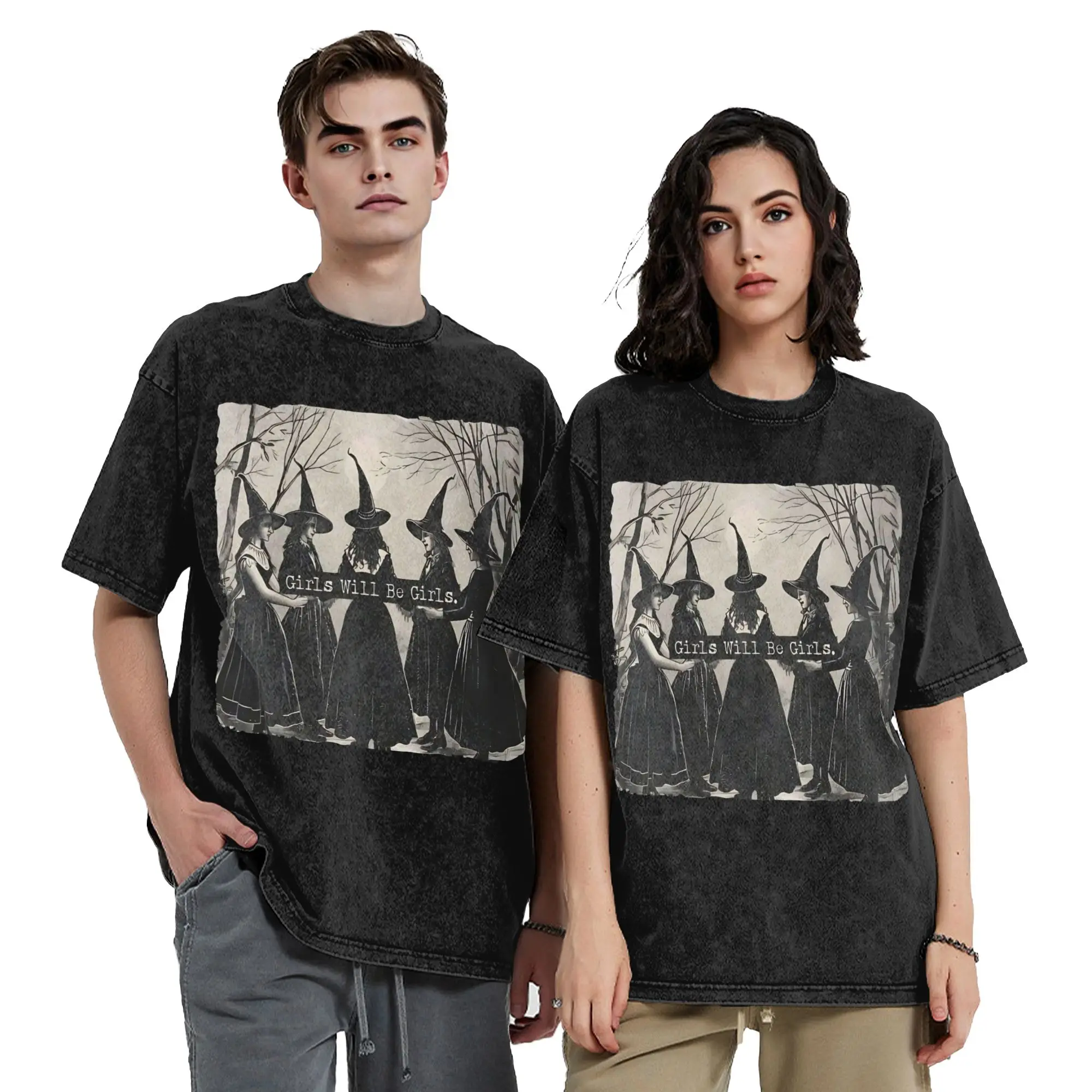 Girls Will Be Girls Black Washed T Shirt Streetwear Vintage T-Shirt Halloween Witch Tee Shirt for Men Women Cotton Street Summer