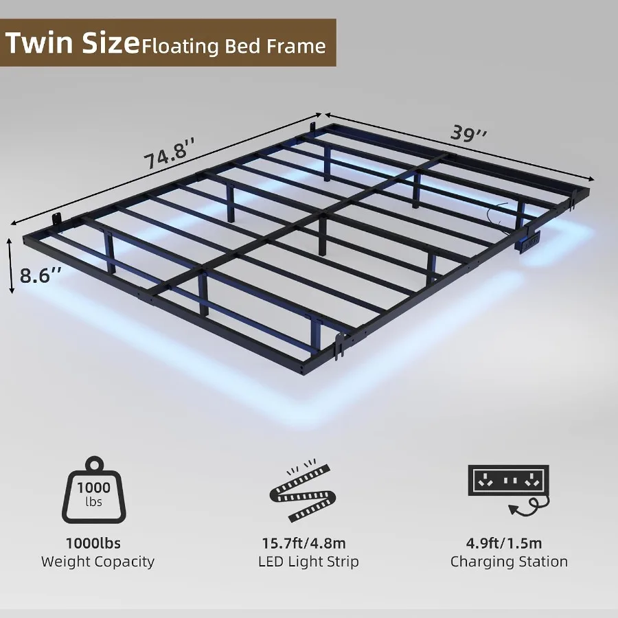 Floating Bed Frame Size with Charging Station and LED Lights, Metal Platform Bed Frame, 1000 lbs Capacity, No Box Spring Needed