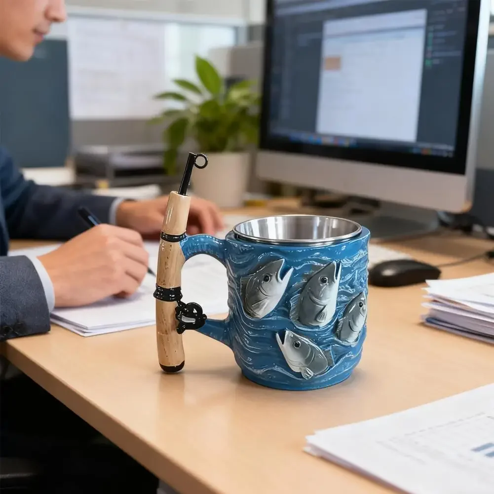 

Stainless steel ceramic cup unique fishing rod handle coffee cup