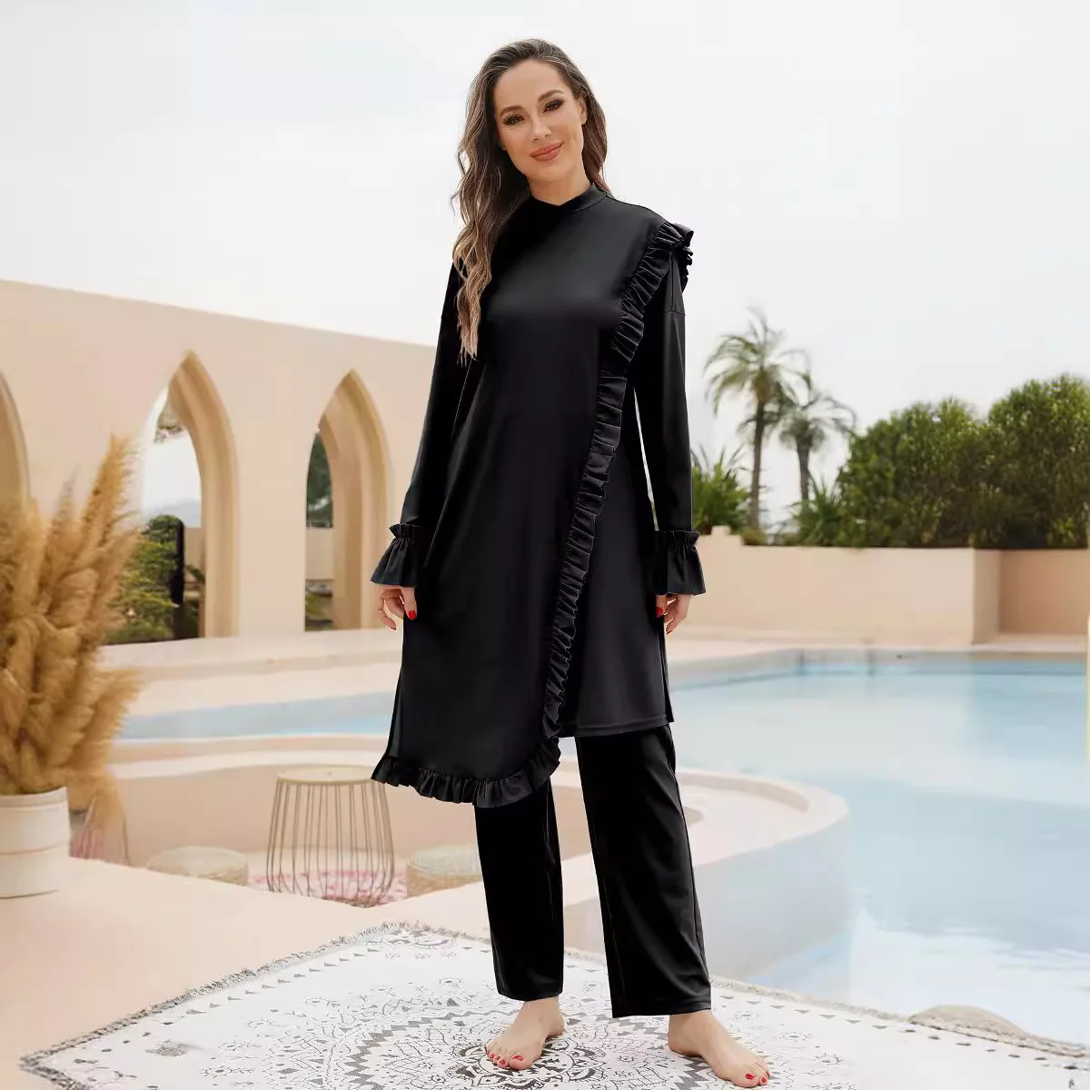 Traje de buceo Hijab para Mujer, traje de baño musulmán, cobertura completa, playa, surf, traje de buceo con dobladillo con volantes, Burquini para