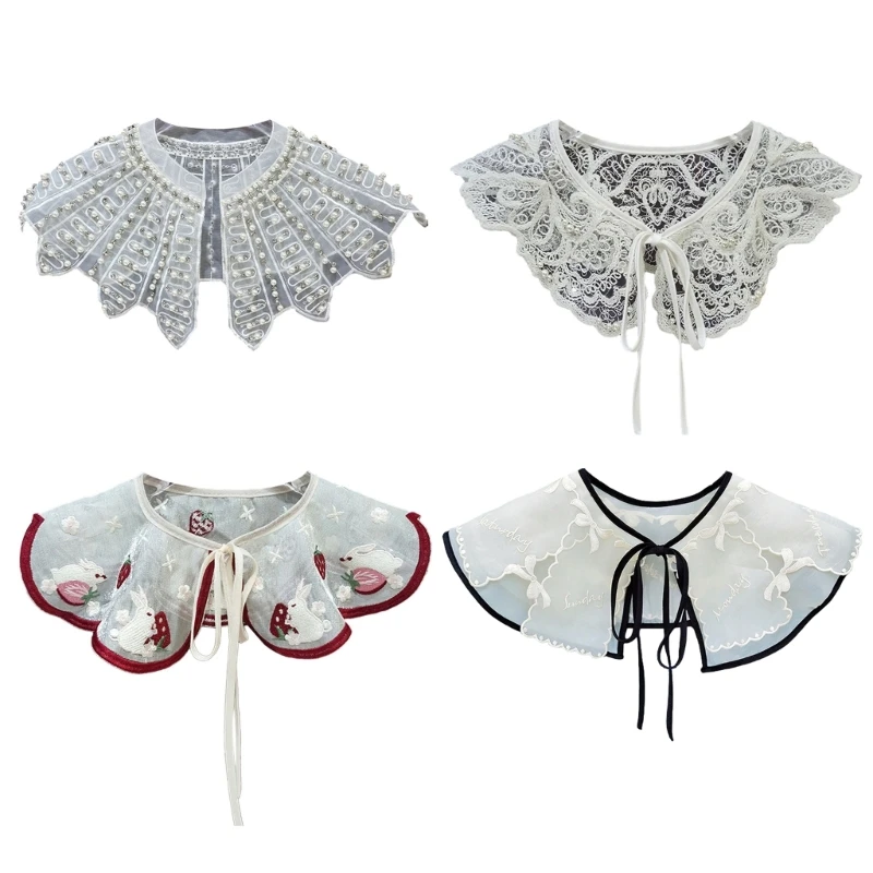 Detachable Fake Collar Rhinestones Pearl Beading Organza Shawl Wrap Women Embroidery Bowknot Bandages Necklace Capelet