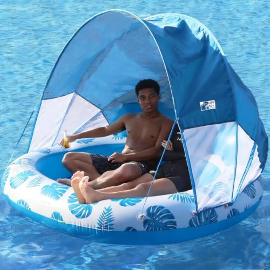 

Inflatable Pool Float with Canopy for 2 Persons, Extra Large PVC Floating Island in Blue with UV-Protective Sun Shade