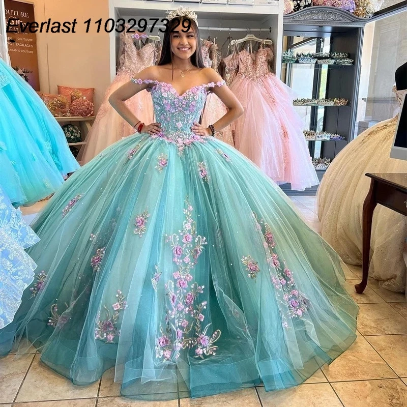 

EVLAST Green Quinceanera Dress Ball Gown Pink 3D Floral Lace Applique Beading Mexican Corset Sweet 16 Vestidos De 15 Anos TQD757