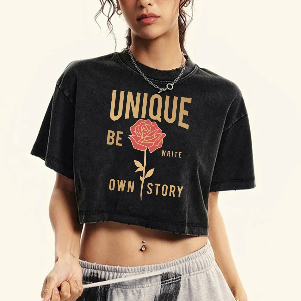 Unique Be Write Own Store Flower Printing Women Washed Crop T Shirt Retro Crewneck T-Shirt Summer Fashion Tee Shirts Cotton Tops