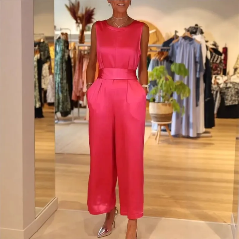

Elegant Commuter Jumpsuit Fashion Casual Solid Outfit Sleeveless O-neck Lace-up Slim Waist Vest One-piece Women's Office Ladies