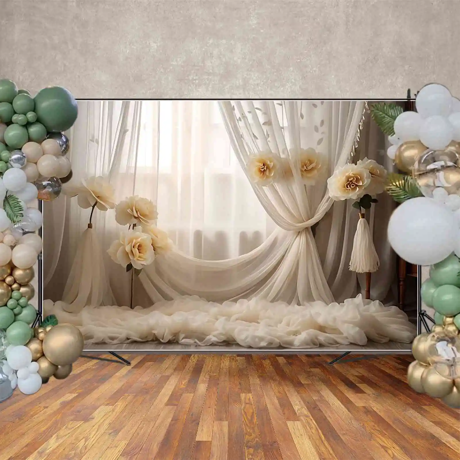 MOON.QG Girls Portrait Bohemian Style Backdrop Flower Drapes Curtain Background Custom Party Decoration Photocall Props
