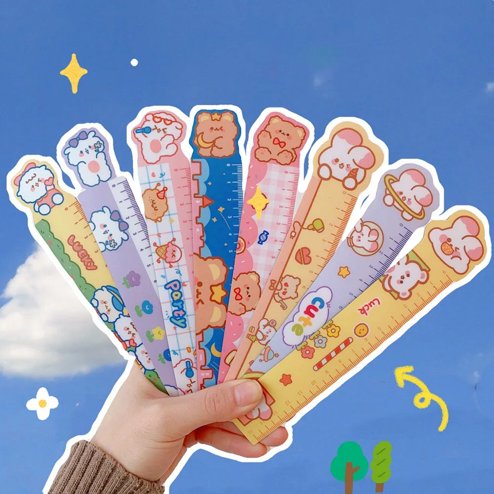 4 Pcs Student Stationery Magnetic Suction Ruler Math Class Ruler Cartoon Cute Little Fresh Girl Plastic Creative Measuring Ruler