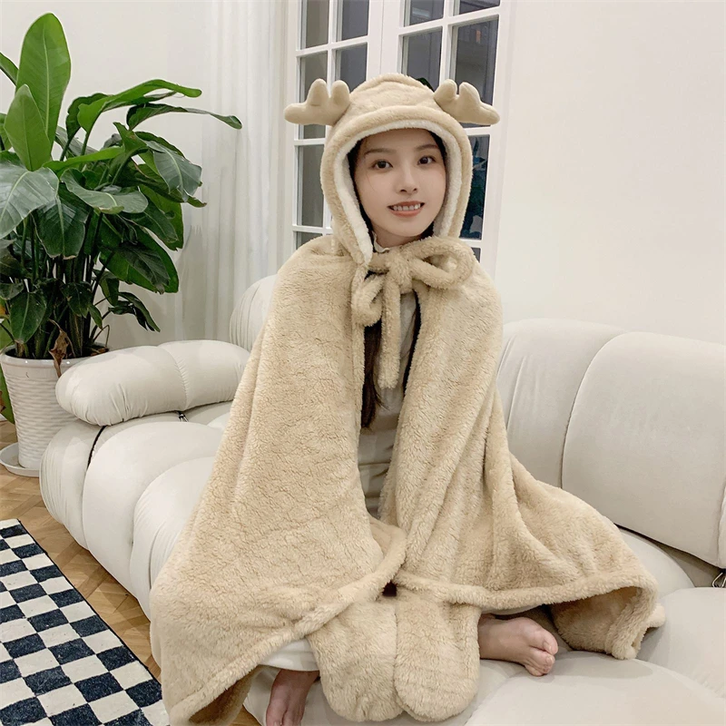 Winter Nightgown Shawl Thickened Bathrobe Blanket Nap Pullover Antler Sweatshirt Office Cute Student Solid Color Hooded Fashion