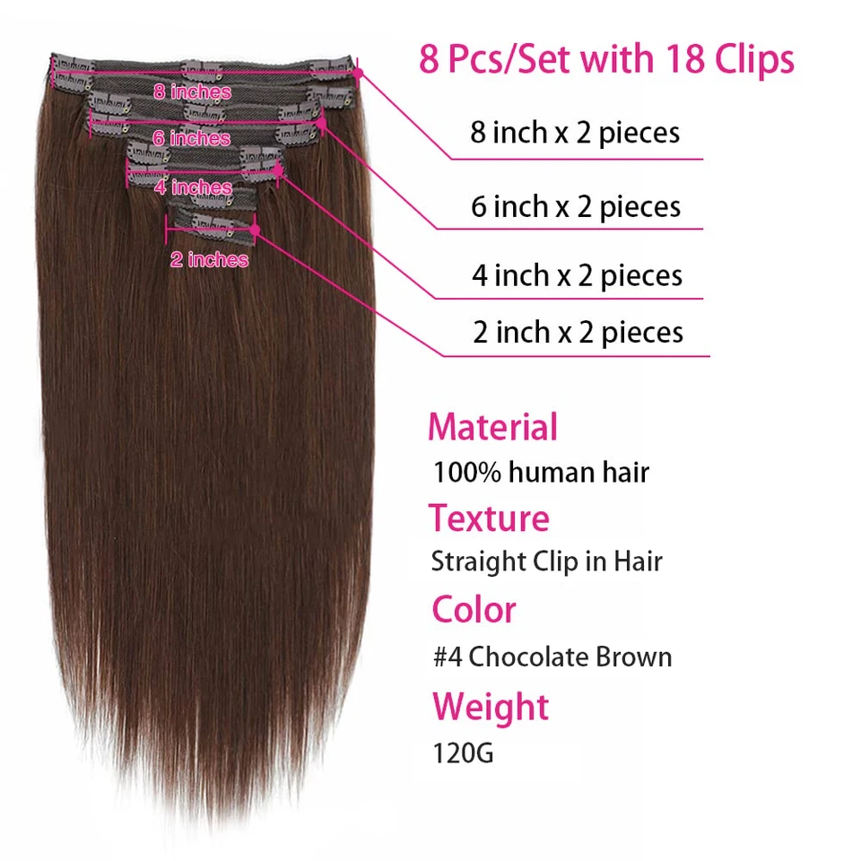 Extensiones con Broche Marrón Chocolate, Cabello Liso Suave, Extensiones de Cabello Humano Real, 8 Piezas con Broches, 120G por Paquete 3
