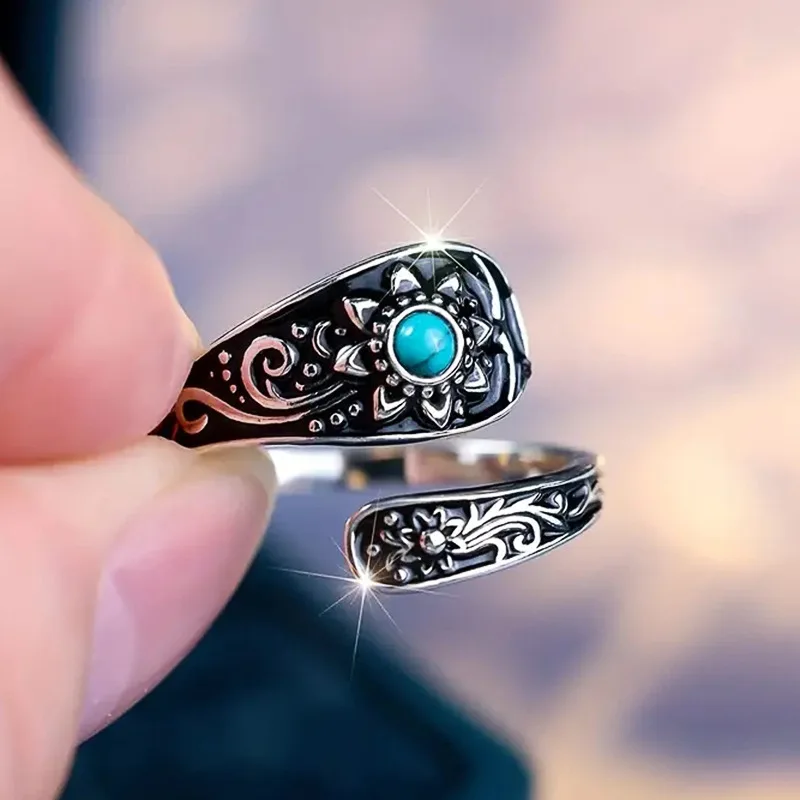 

2025 New Retro Ethnic Flower Ring Women's Fashion Design Sensation Imitation Turquoise Single Adjustable Opening Jewelry