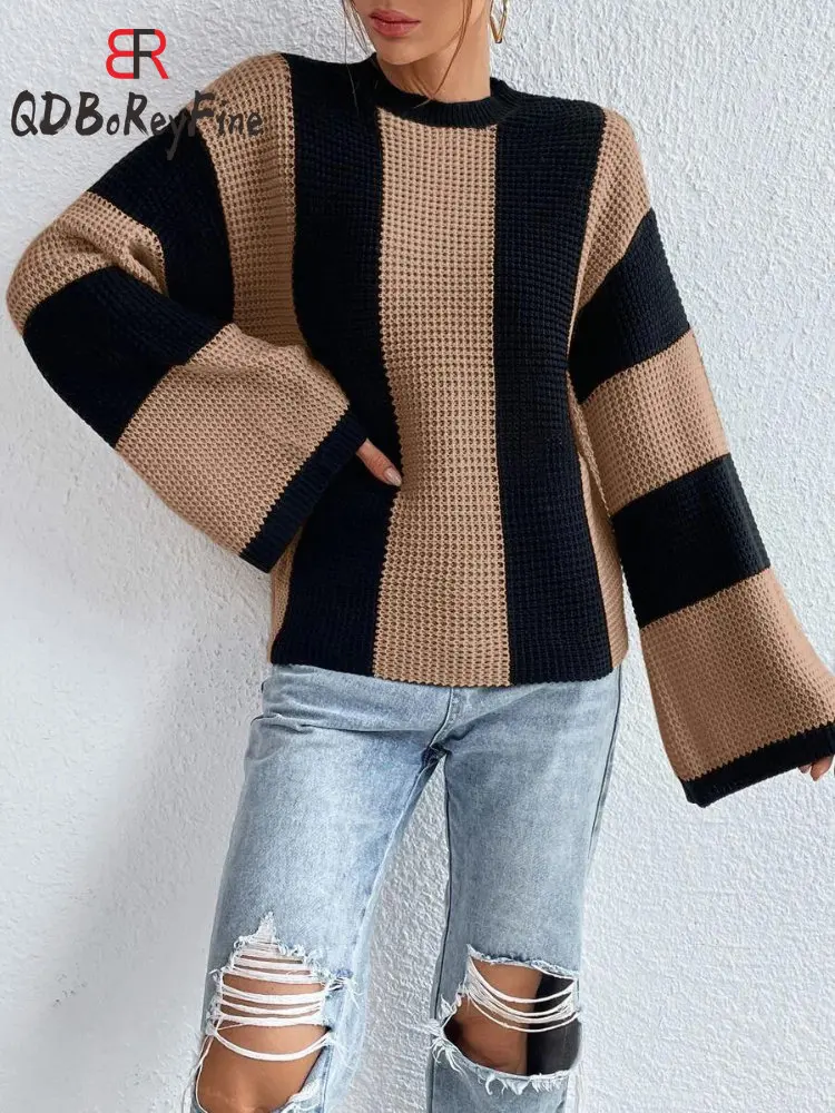 Autumn Winter Women\'s Knitted Pullovers Vintage Loose O-neck Long Sleeve Tops Casual Oversized Striped Sweaters for Women 2024