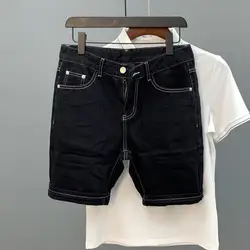 Fashion luxury Men's Knee Length Denim Shorts Summer 2024 Black Unique Line and Color Blocking Design cowboy short pants for men