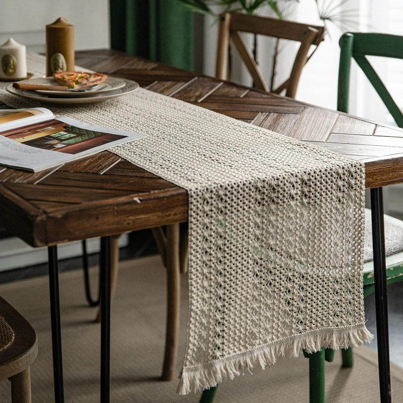 

American Vintage Beige Cotton Linen Table Flag Hollow Stripes Splice Woven Fringed Tablecloth Home Table Decoration Cover