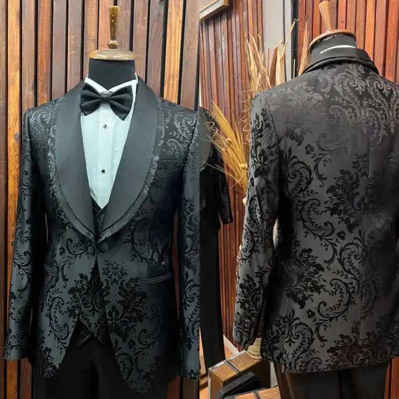クラシックな結婚式の男性スーツビジネスウェアオーダーメイドジャカードタキシード 3 個コートベストパンツパーティー歌手新郎スーツカスタマイズ