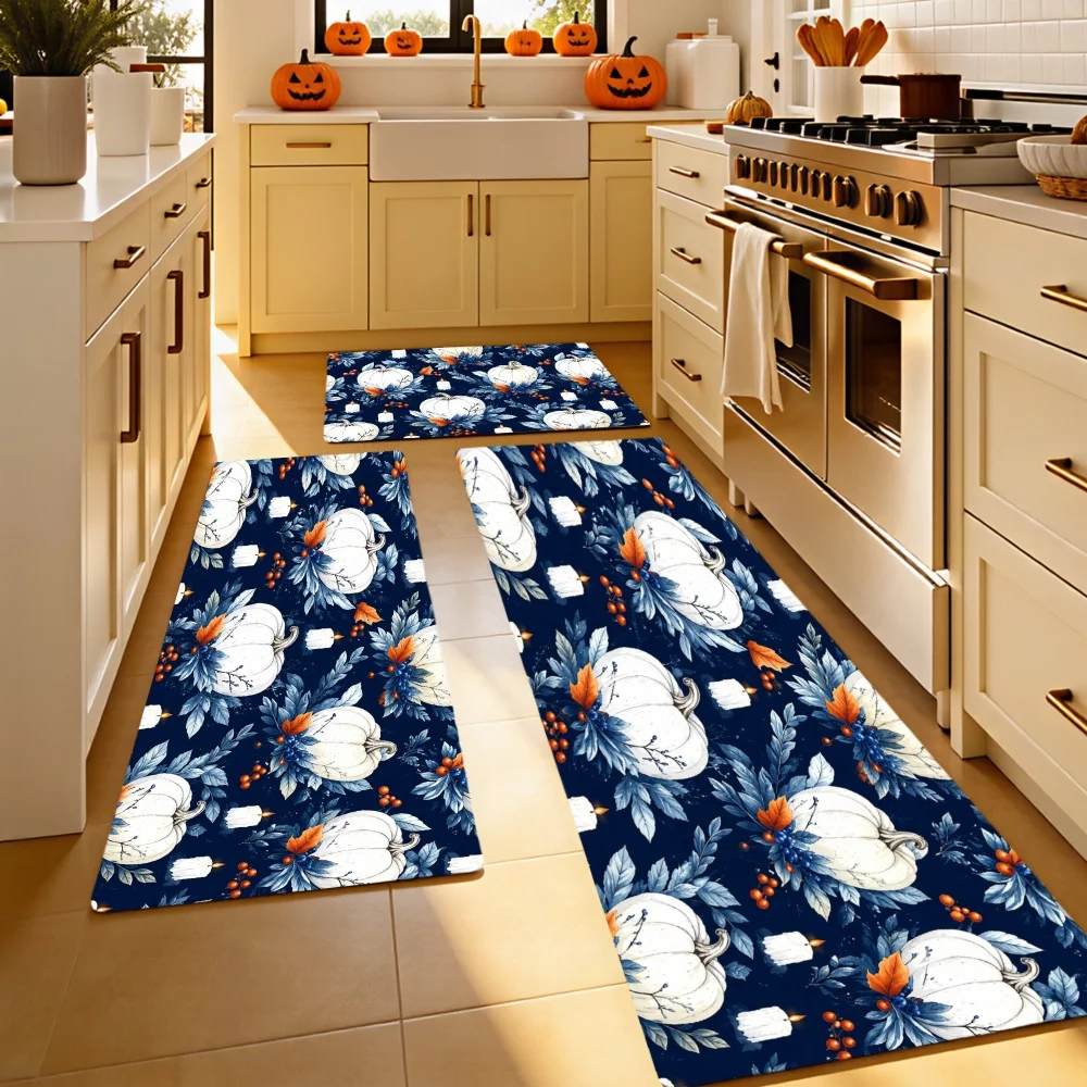 1/2/3pcs Kitchen Rugs, Welcome Door Mat Set, Home Halloween Decoration for Front Door, Kitchen, Bathroom, White Pumpkins Blue Leaves Orange Berries on Navy Background Dining Mat, Housewarming Party Gift