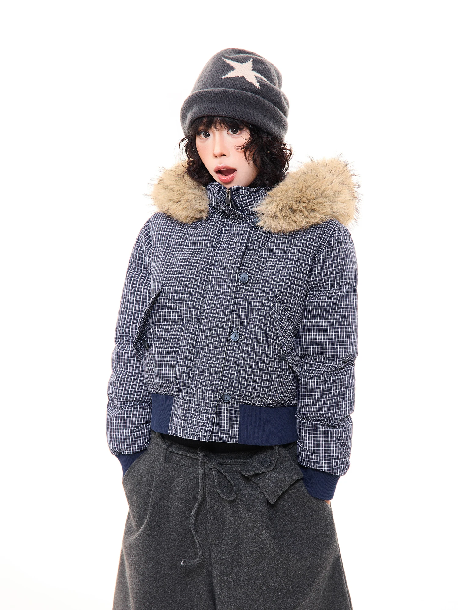 

Thiened Casual Hooded Cotton Jaet Women's Winter Coat MKGO American Plaid Fur Collar ort Sle for Couples