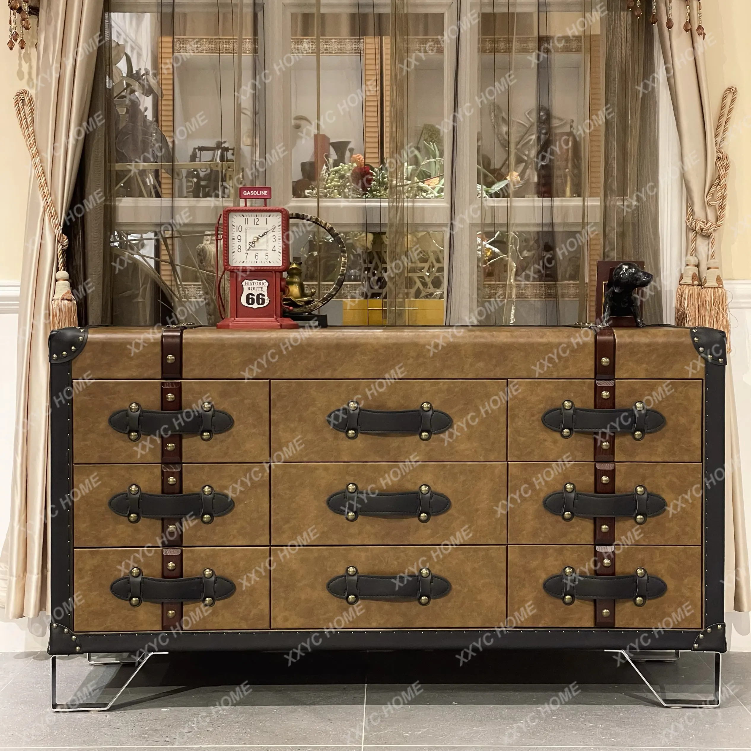 Premium nine-chest cabinet medieval leather cabinet dining side entrance cabinet 140 * 46 * 79cm