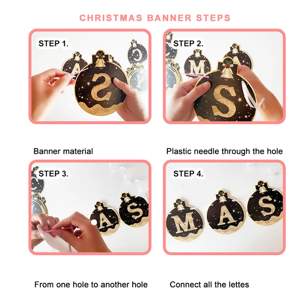 

Christmas Party Decoration Black Gold Pull Flags Paper Hanging Banners Door Supplies Photoshoot Props Merry Christmas Words