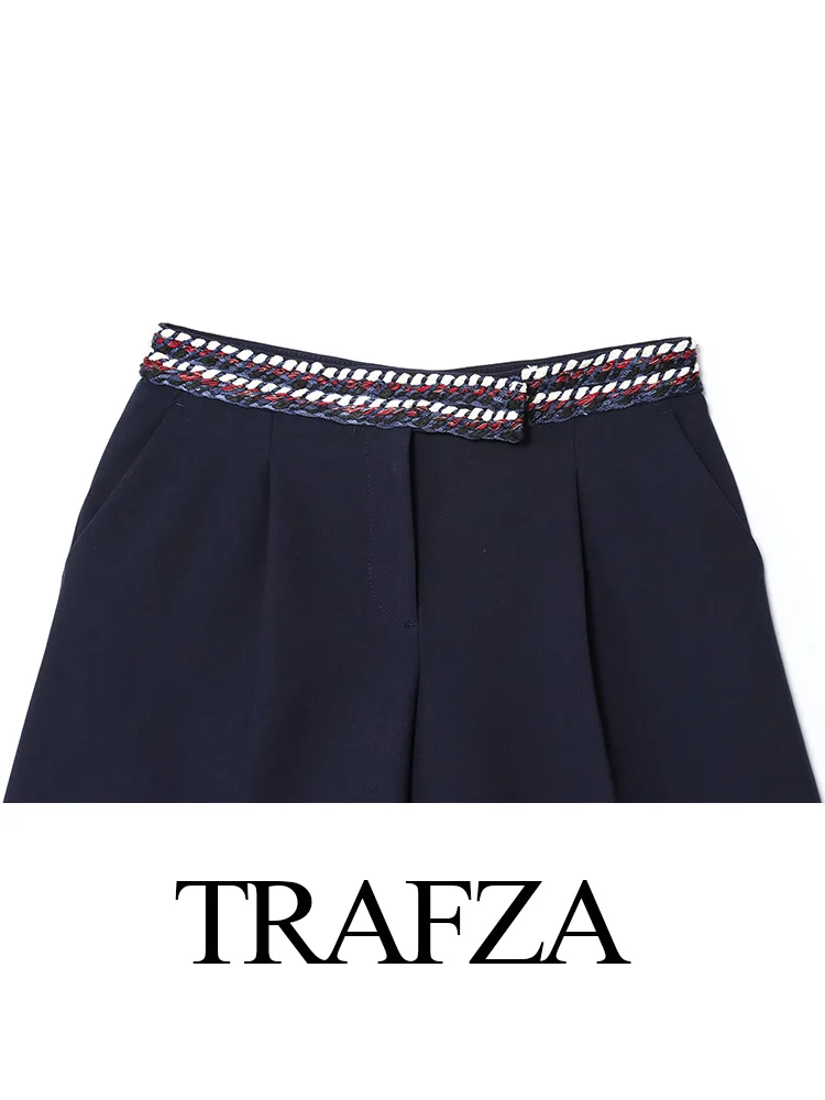 

TRAFZA Women Elegant Sleeveless Pockets O-Neck Single-breasted Waistcoat+High Street Zipper Trim Pattern Casual Shorts Suit