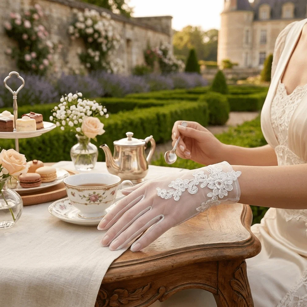 Short White Bridal Gloves Transparent Mesh Flower Pearl Wedding Gloves Sheer Fabric 3D Flower Pearl Gloves Wedding Ceremony