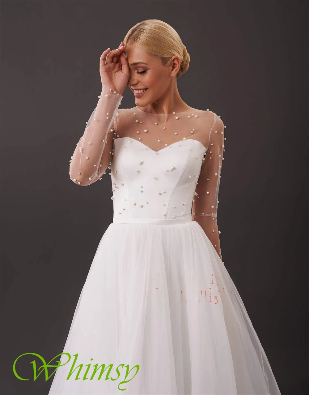 فستان سهرة رائع مخصص من التل برقبة دائرية وأكمام طويلة رقيقة فساتين لحضور الحفلات الموسيقية لؤلؤ رسمي للمناسبات الخاصة