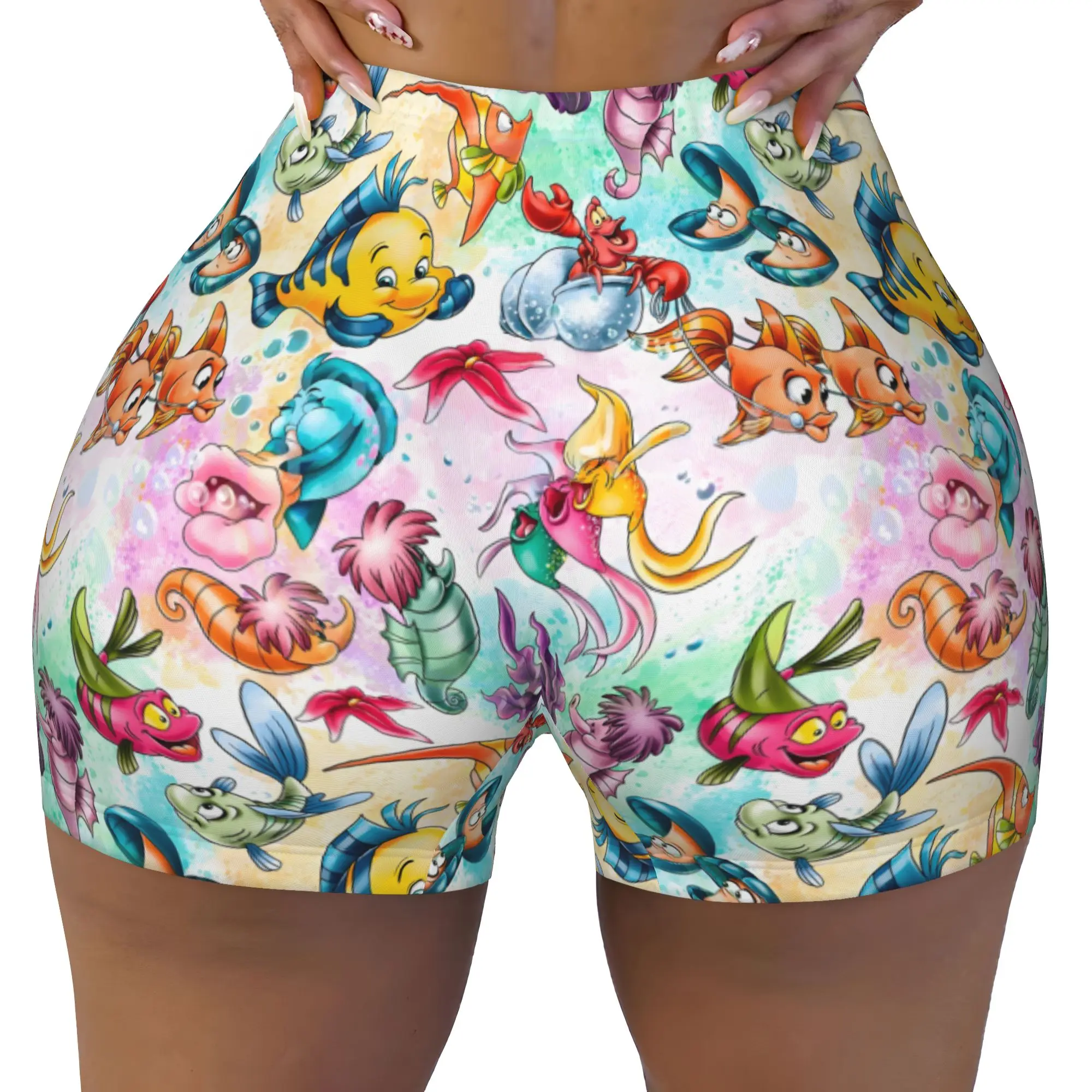 Custom Women's Littles Anime Mermaides Workout Yoga Shorts Fish Manga Athletic Gym Biker Running Shorts