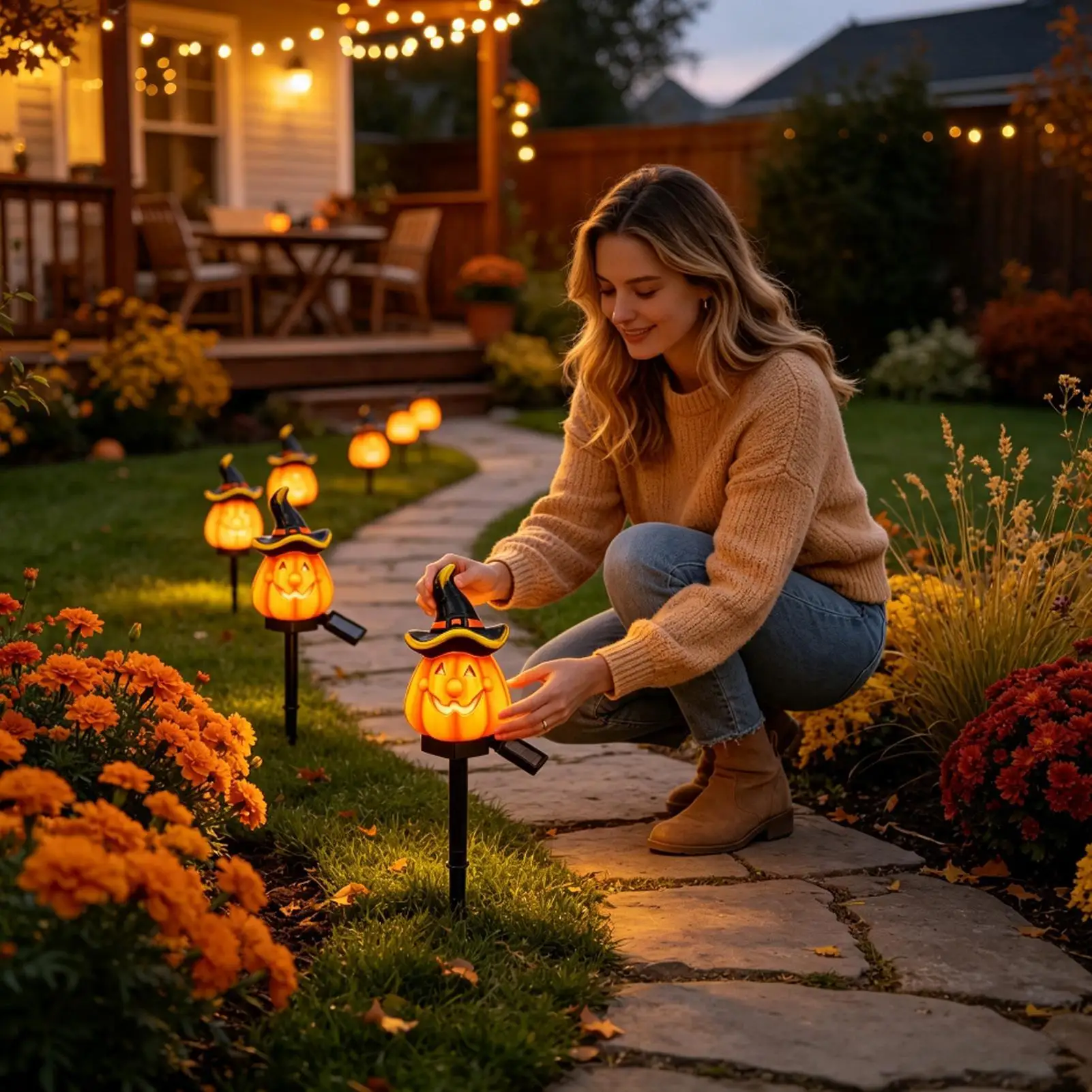 Pumpkin Solar Lights Outdoor Waterproof Stake Spooky Horror Figurine Solar Powered Halloween Decorations For Pathway Front Porch