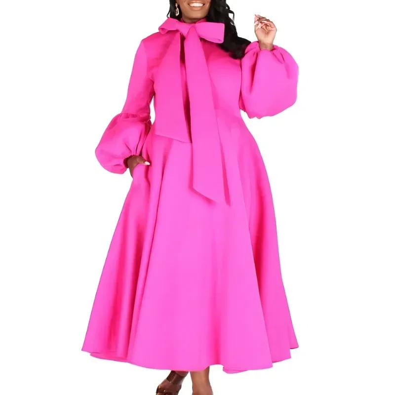 Африканские вечерние платья для женщин, осеннее элегантное африканское длинное платье из полиэстера с длинными пышными рукавами, однотонное длинное платье Dashiki, африканская одежда