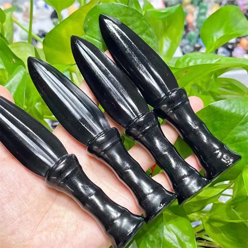 13CM Natural Black Obsidian Knife Carving Healing Fish Tank Landscaping Decor Home Decorations Gift 1PCS