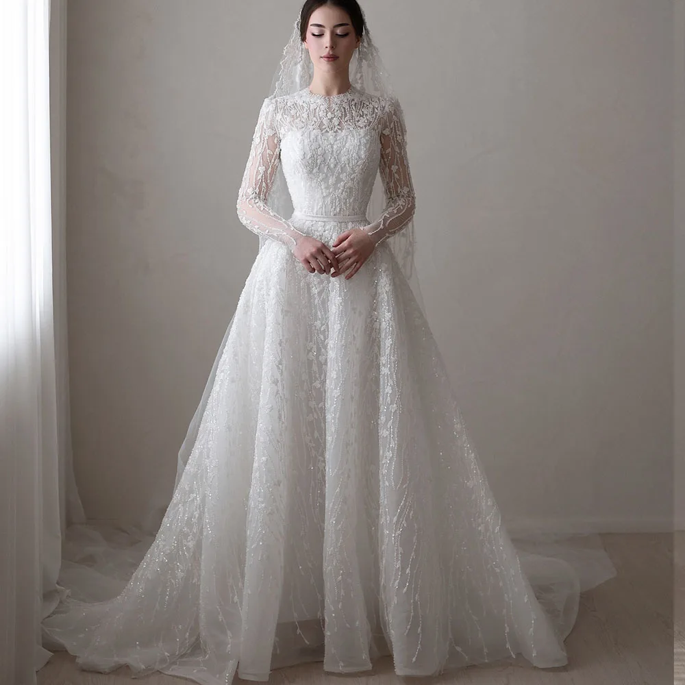 

Fairy Wedding Dress O-Neck Long Sleeve A Line lace Bride Dress Sweep Train Beads Princess Bridal Gown Customized robe de mariée
