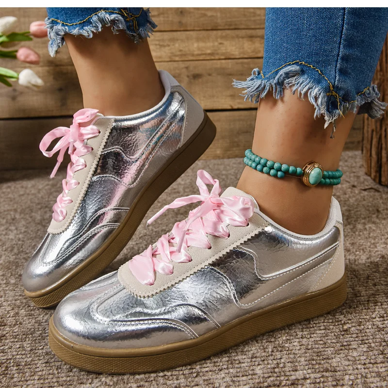 

Sweet Ribbon Bowknot Flat Shoes Women Spring Comfortable Soft Sole Sliver Platform Sneakers Plus Size Anti-Slip Casual Vulcanize