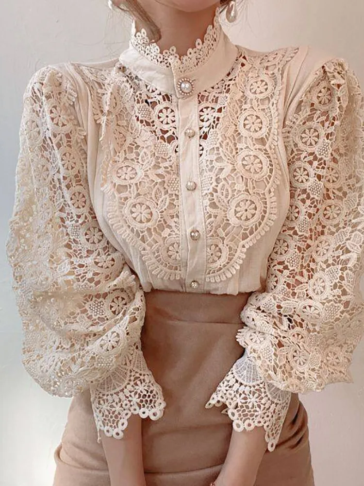 Spring Summer Women Vintage White Lace Blouse Shirts Fashion Korean Button Loose Shirt Tops Female Hollow Casual Ladies Blouses