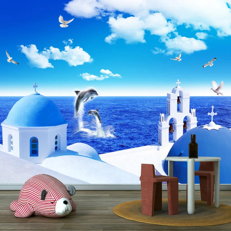 

Custom Peel and Stick Wallpaper for Living Room Decoration Wall Papers Home Decor Aegean Sea Beach Dolphin Sea Renovation Mural