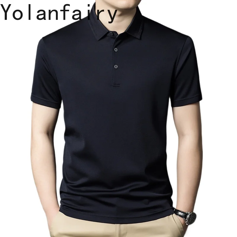 

YOLANFAIRY 100% Mulberry Silk Mens T Shirts Top Quality Polo T Shirt Man Summer Men Clothing Poloshirts Heren Short Sleeves